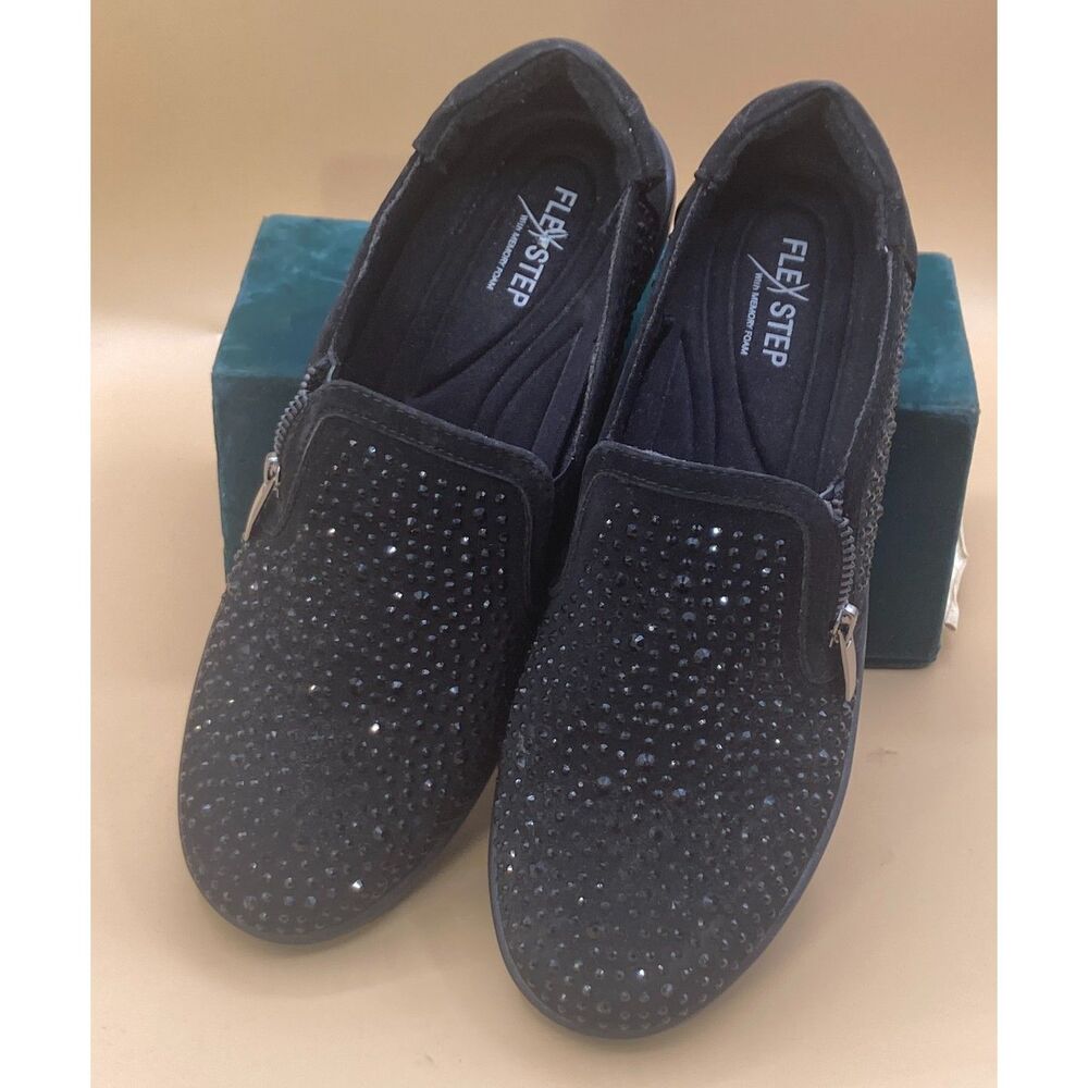 Flex Step Sparkle top 7.5M Black slip on zipper side women's shoes excellent